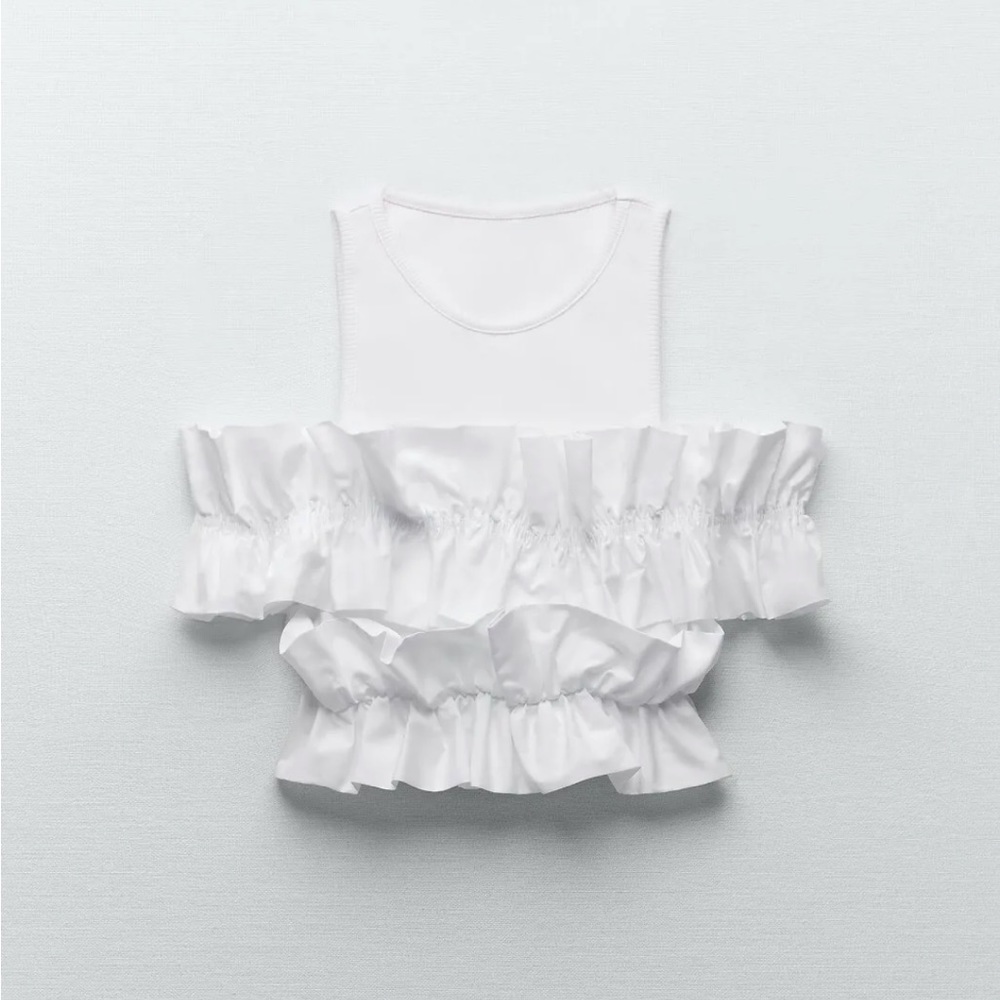 Zara cotton contrast, ruffle crop top, white, size medium